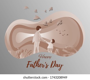 vector illustration of father's day, son and father lovable bonding, son miss and love daddy, holding hand on summer beautiful evening at sea shore.