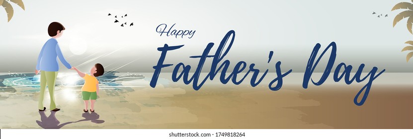 vector illustration of father's day, son and father lovable bonding, son miss and love daddy, holding hand on summer beautiful evening at sea shore.