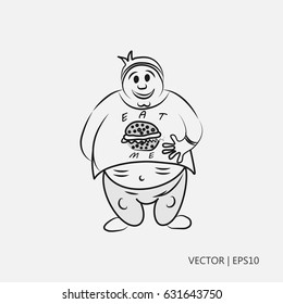 Vector illustration. Fatty. Man with a big belly eating fast food. Junk food: hamburgers.. Sketch. Drawing for children. Flat icon