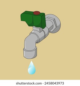 Vector illustration of a faucet with dripping water on a yellow background