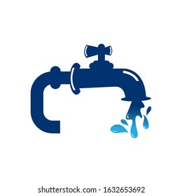 Vector illustration of faucet and a falling drop of water. Flat design of tap with liquid clean background. Kitchen and bathroom steel pipe cleaning and washing concept