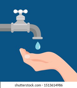 Vector illustration of faucet and hand holding a falling drop of water. Flat design of tap with liquid clean background. Save water earth recourses ecological concept for environmental infographic