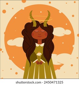 Vector illustration of a faun girl with a flower in her hands in orange shades