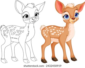 Vector illustration of a fawn, colored and line art.