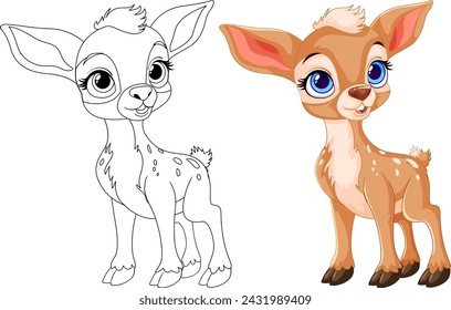 Vector illustration of a fawn, outlined and colored