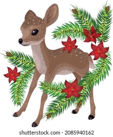 Vector illustration of a fawn with spruce twigs and poinsettia flowers.