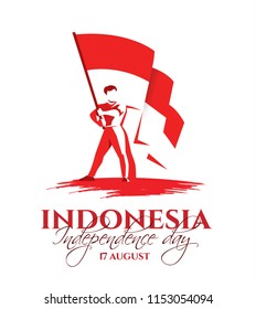 vector illustration. the feast of the August 17 Independence Day of Indonesia. symbolic red colors and people silhouettes with flag