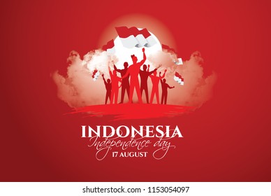 vector illustration. the feast of the August 17 Independence Day of Indonesia. symbolic red colors and people silhouettes with flag