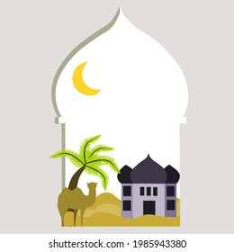 vector illustration of the feast of sacrifice, camel on the sand, mosque, and Arabic frame perfect for Islamic religious design of the feast of sacrifice