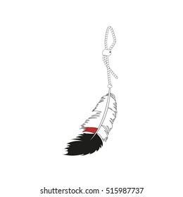 vector illustration of the feather of a bird hanging on a rope, isolated  boho style illustration, Indian style