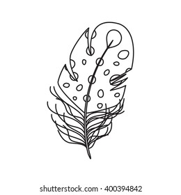Vector illustration of feather icon. Hand drawn. Isolated feather in black and white style.