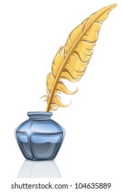 Vector illustration of feather and ink pot on white background.