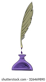 Vector illustration of feather pen and inkpot isolated on white background.