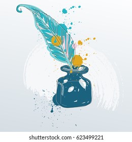 Vector illustration of feather quill pen standing in the bottle of ink.