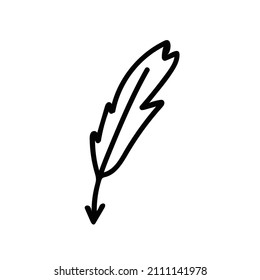 Vector illustration of a Feather for Valentine's Day with a black line on an isolated background.Single,simple,festive picture in doodle style.Design for cards,stickers,posters,web,packaging.
