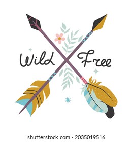 Vector illustration with feathers, arrows and beads in boho style. Vector graphics.