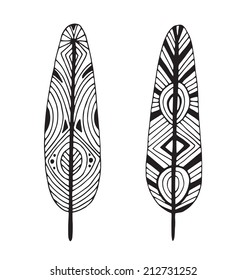 Vector illustration of feathers in black and wight graphic style isolated on white