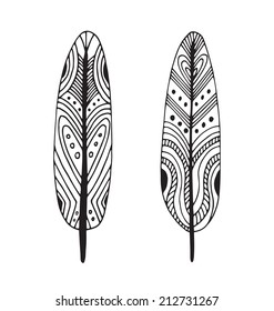 Vector illustration of feathers in black and wight graphic style isolated on white