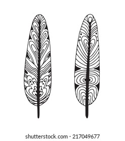 Vector illustration of feathers in black and wight graphic style isolated on white