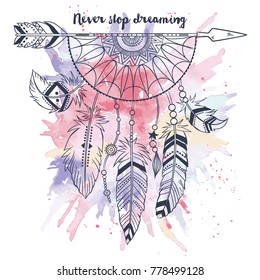 Vector illustration with feathers, threads and beads. Boho style. Freedom concept. Boho indian feathers.