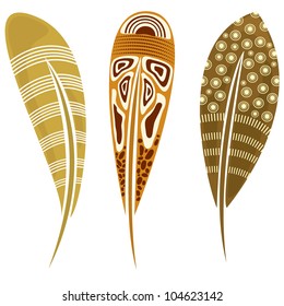 Vector illustration of feathers with tribal ornaments - in color