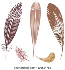 Vector illustration of feathers with tribal ornaments - in autumn brown colors