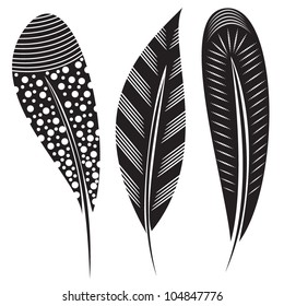 Vector illustration of feathers with tribal ornaments - in black and white