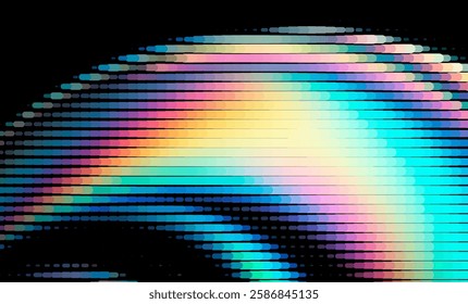 Vector illustration features an abstract pattern of colorful, iridescent lines on a black background, creating a dynamic, wave-like effect with a modern and digital aesthetic.