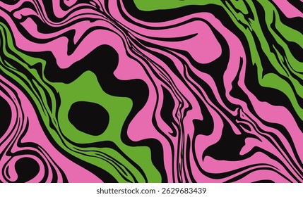 Vector illustration features an abstract pattern with flowing, wavy shapes in neon pink, green, and black. The bold, modern design adds a dynamic and playful touch to backgrounds or creative projects.