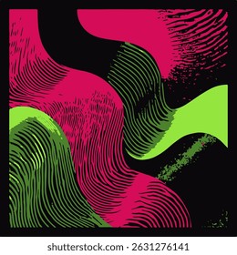 Vector illustration features an abstract pattern with flowing, wavy shapes in neon pink, green, and black. The bold, modern design adds a dynamic and playful touch to backgrounds or creative projects.