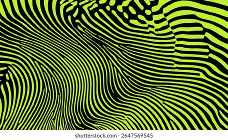 Vector illustration features abstract, wavy black lines over a vibrant lime green background. The style is optical art (op-art), which is also trending for its bold, psychedelic effect.