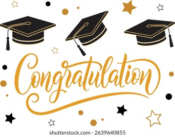 vector illustration features an academic graduation cap paired with elegant congratulatory typography. Ideal for graduation themed designs, it combines celebratory elements with a clean,