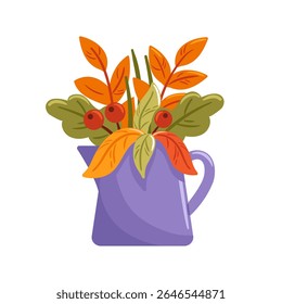 ilustração vetorial apresenta um bouquet de outono bonito e colorido apresentado em um charmoso jarro roxo. Perfeito para expressar gratidão, as flores vibrantes adicionam um toque quente e convidativo a qualquer ambiente.