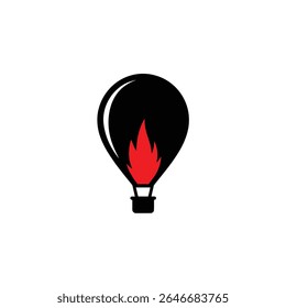 Una Ilustración vectorial presenta un globo de aire caliente negro con una canasta y llamas rojas vibrantes que erupcionan en el interior. El diseño del globo es minimalista y elegante.