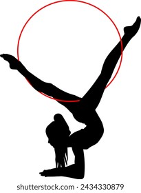 A vector illustration features a black silhouette of a gymnast performing an acrobatic routine with a red hoop against a white background. The silhouette portrays grace, flexibility, and athleticism, 