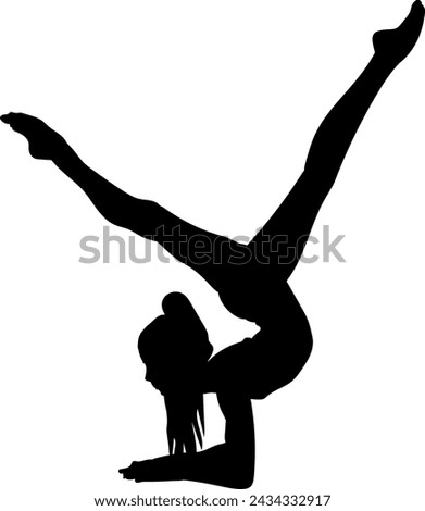 A vector illustration features a black silhouette of a gymnast executing an acrobatic routine against a white background. The silhouette embodies grace, flexibility, and elegance, while the simplicity