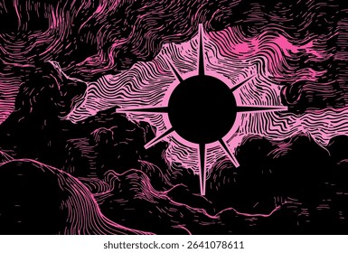 Vector illustration features a black sun with pink rays and swirling lines in a modern neo-psychedelic, line-art style. Dominated by pink and black, it uses bold lines and abstract shapes.