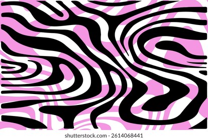 Vector illustration features black, white, and pink zebra-like stripes creating an abstract, dynamic pattern. The design is bold and vibrant, with flowing, wavy lines.
