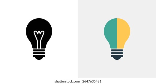 A ilustração vetorial apresenta um ícone de lâmpada preta e branca ao lado de um ícone de lâmpada colorida, azul-petróleo e amarelo, em um plano de fundo limpo e moderno.