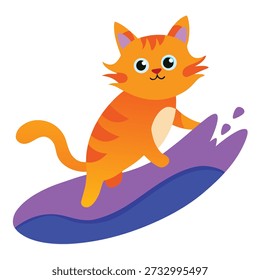A vector illustration features a cartoon-style orange cat surfing on a stylized purple surfboard. Splashes of water suggest movement and fun, creating a playful image.