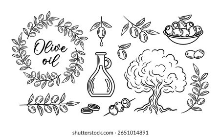 ilustração vetorial apresenta uma encantadora mão desenhada esboço composição incluindo azeitonas, ramos, garrafa de óleo, árvore e placa com azeitonas, refletindo a cozinha mediterrânica e cultura.