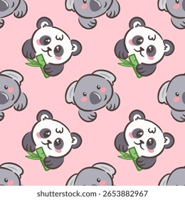 ilustração vetorial apresenta um padrão encantador sem emenda de pandas e coalas bonitos contra um fundo rosa suave. Perfeito para produtos infantis, acrescenta um toque divertido e alegre a qualquer design.