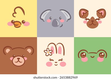 ilustração vetorial apresenta faces animadas organizadas em uma grade divertida. Cada personagem, incluindo um pato, coala, urso, coelho e muito mais, mostra expressões adoráveis e fundos coloridos