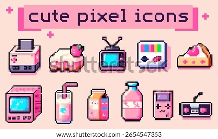 Vector illustration features a collection of cute pixel art icons, showcasing a pastel pink theme with food (cakes, drinks), tech (TV, game console), and playful items. The style is retro pixel art.