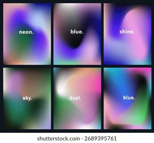La Ilustración vectorial presenta una colección de seis fondos de gradiente vibrantes. Cada cuadrado muestra transiciones de color suaves en tonos de rosa, verde, azul y púrpura, con una textura suave y etérea.