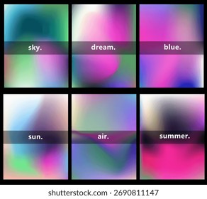 La Ilustración vectorial presenta una colección de seis fondos de gradiente vibrantes. Cada cuadrado muestra transiciones de color suaves en tonos de rosa, verde, azul y púrpura, con una textura suave y etérea.