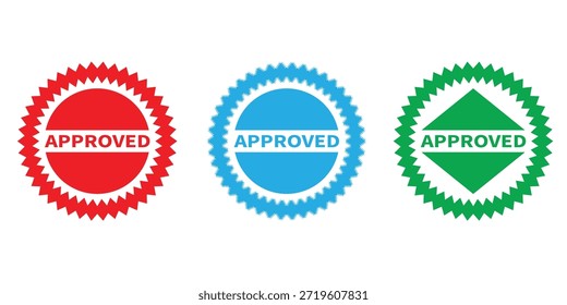  La Ilustración vectorial presenta una colección de tres sellos o insignias "APROBADOS", cada uno renderizado en un color vibrante. 