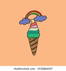 Vector illustration features a colorful ice cream cone adorned with a rainbow and clouds, set against a pastel background. Perfect for summer-themed designs, dessert-related content, or cheerful