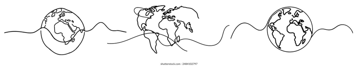 vector illustration features a continuous line drawing of the world map, symbolizing global connection and unity. Its simplistic yet profound design is perfect for educational, environmental