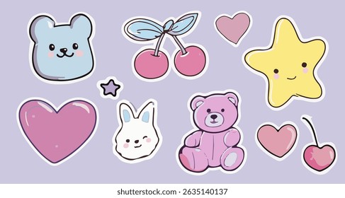 Vector illustration features cute kawaii-style stickers: bears, bunny, cherries, hearts, and stars. The pastel color palette and playful cartoon design reflect the trendy kawaii aesthetic.
